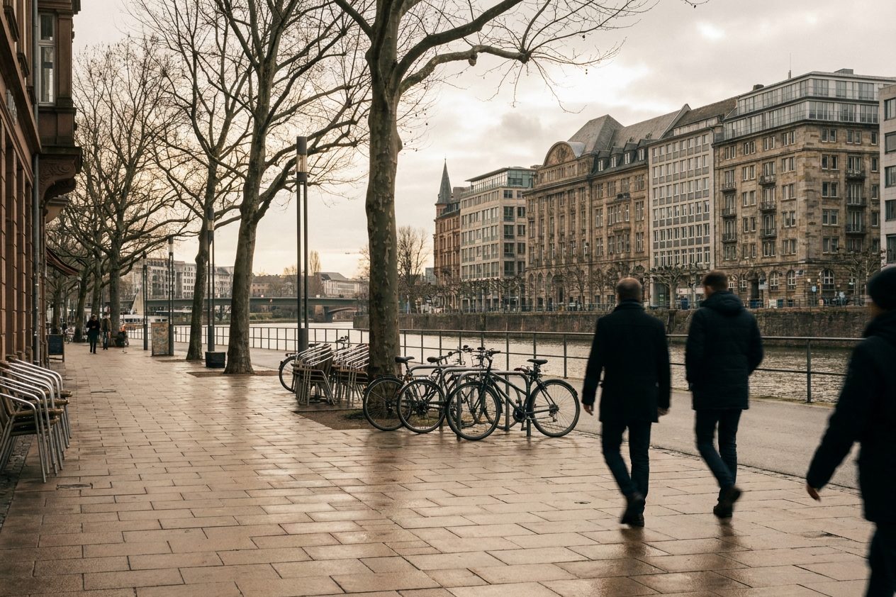 Umgebaute Wohnstraße mit verbreitertem Gehweg, Bäumen in Pflanzkübeln und einzelnen abgestellten Fahrrädern.