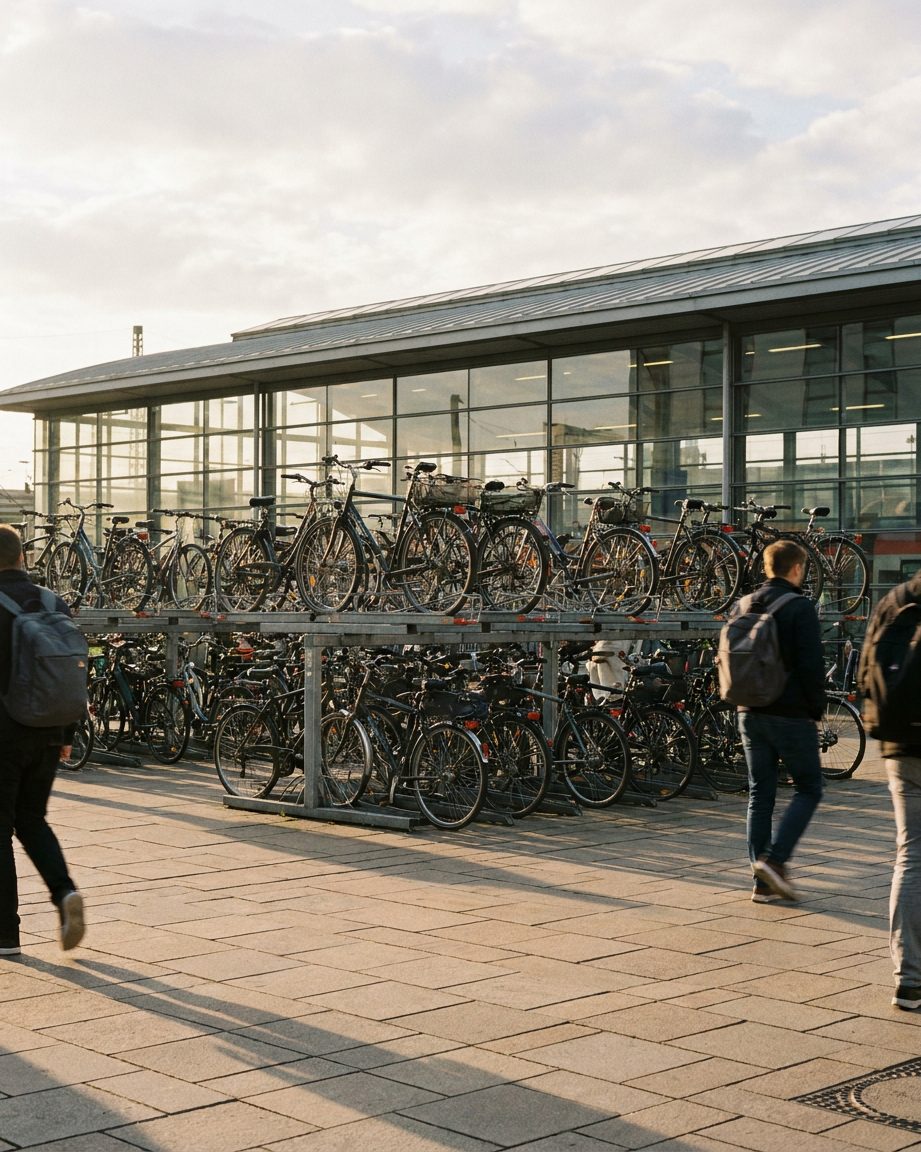 Doppelstöckige Fahrradabstellanlage voller Räder an einem Bahnhofsvorplatz, Hochformat.