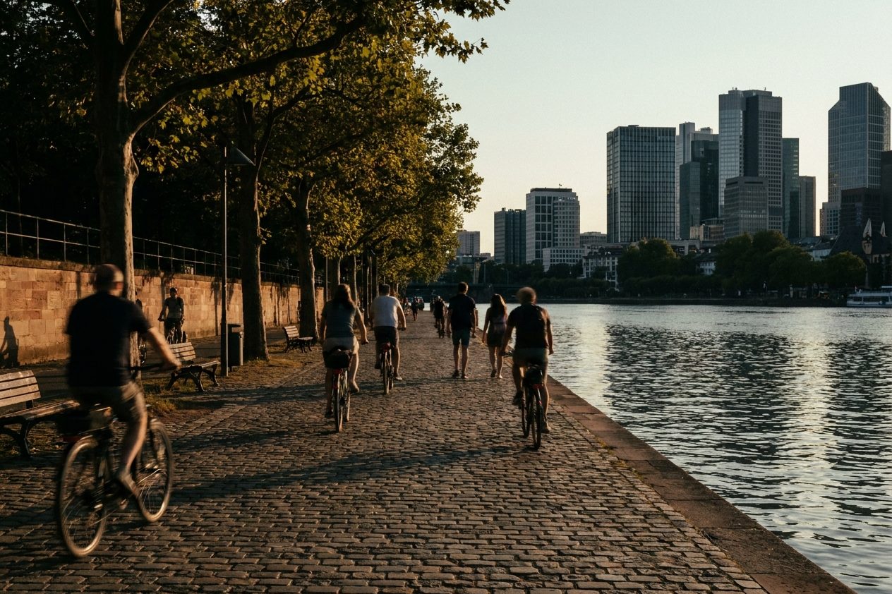 Radweg am Mainufer im Abendlicht, Bäume werfen lange Schatten, in der Ferne Hochhäuser als Silhouette.