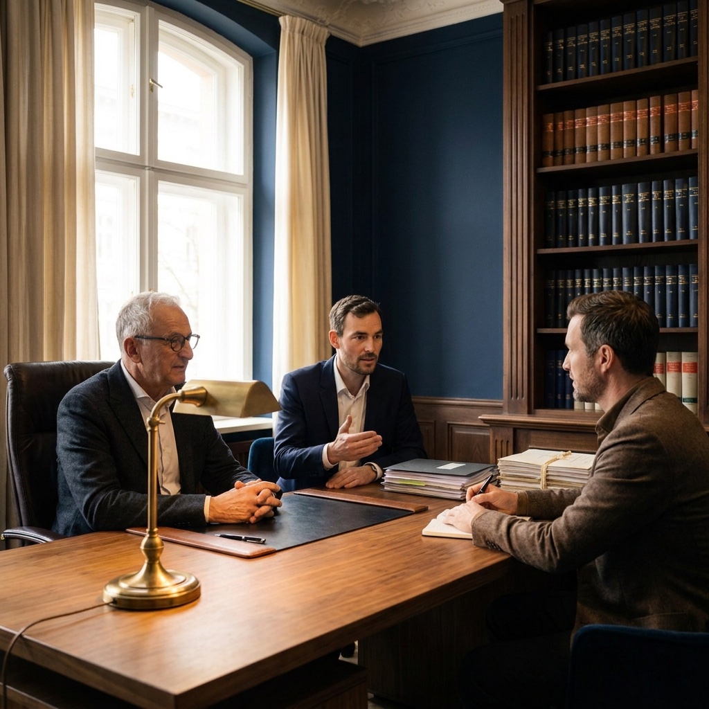 Dr. Matthias Bergner und Alexander Weidemann von der Fides Gamma GmbH im Gespräch mit einem Redakteur in ihrem Berliner Büro.