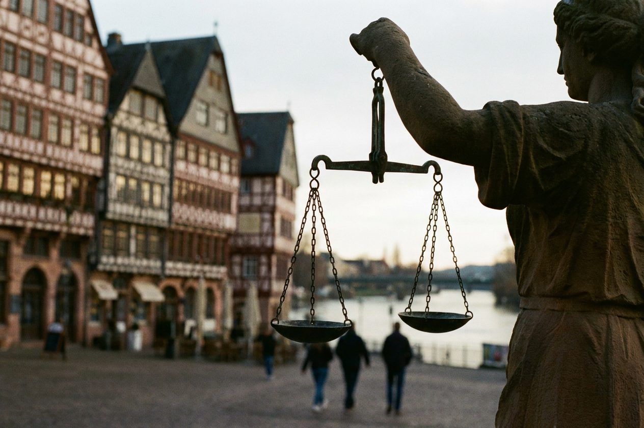 Nahaufnahme des Gerechtigkeitsbrunnens auf dem Römerberg: die Waage der Justitia scharf im Vordergrund, dahinter unscharf die Fachwerkfassaden der Ostzeile.