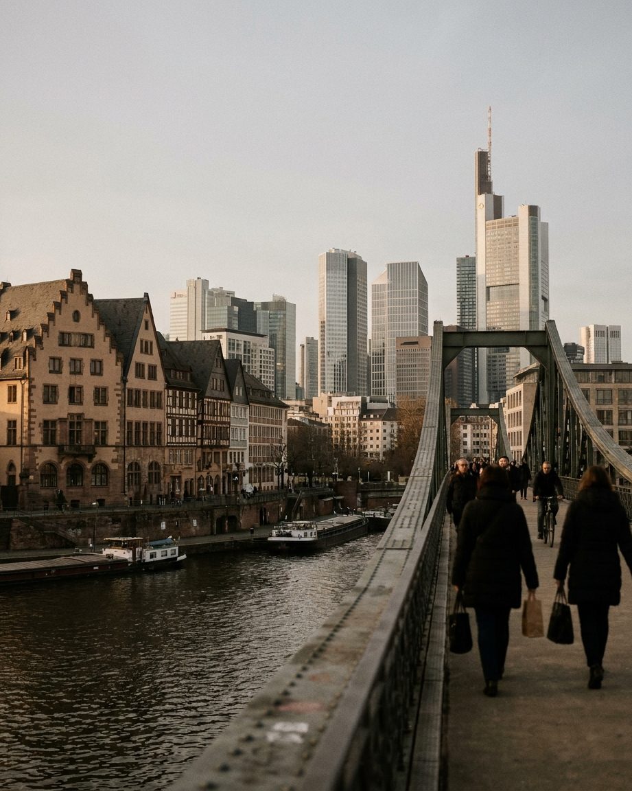 Blick vom Eisernen Steg im Hochformat: vorn das ruhige Wasser des Mains, dahinter gestaffelt die Dächer der Altstadt und die Hochhaustürme des Bankenviertels.