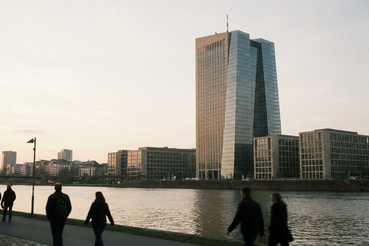 Die Doppeltürme der Europäischen Zentralbank im Ostend im letzten Abendlicht, davor das ruhige Mainufer mit Spaziergängern als dunkle Silhouetten.