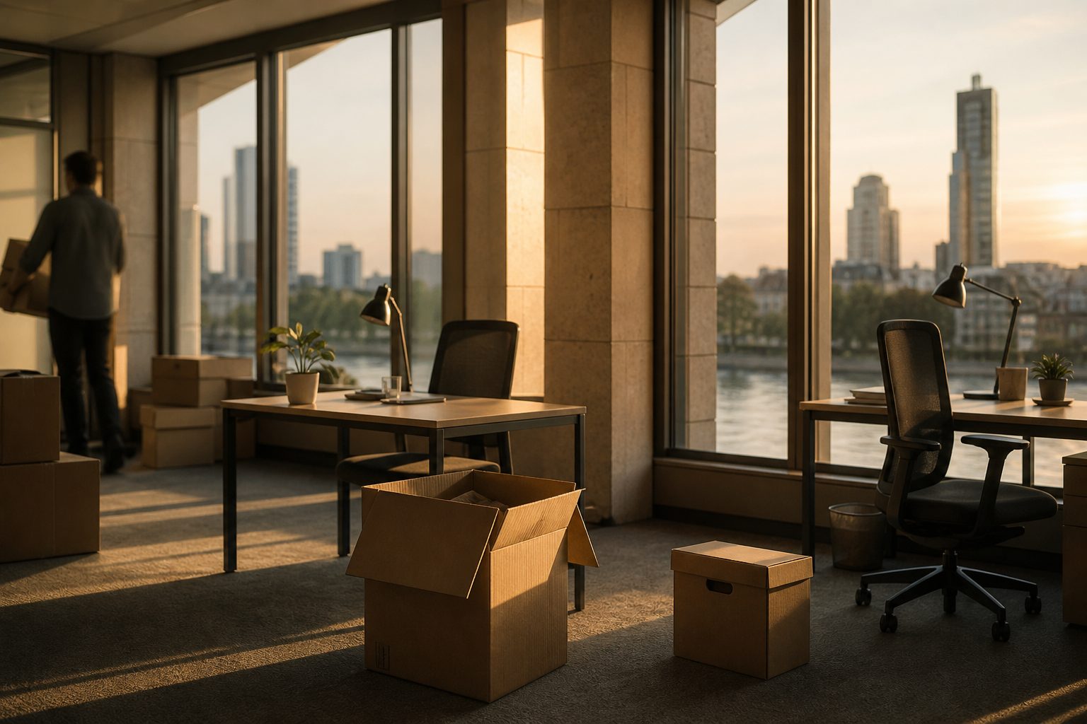 Eine kleine, frisch bezogene Büroetage mit Umzugskartons und zwei Schreibtischen im warmen Abendlicht.