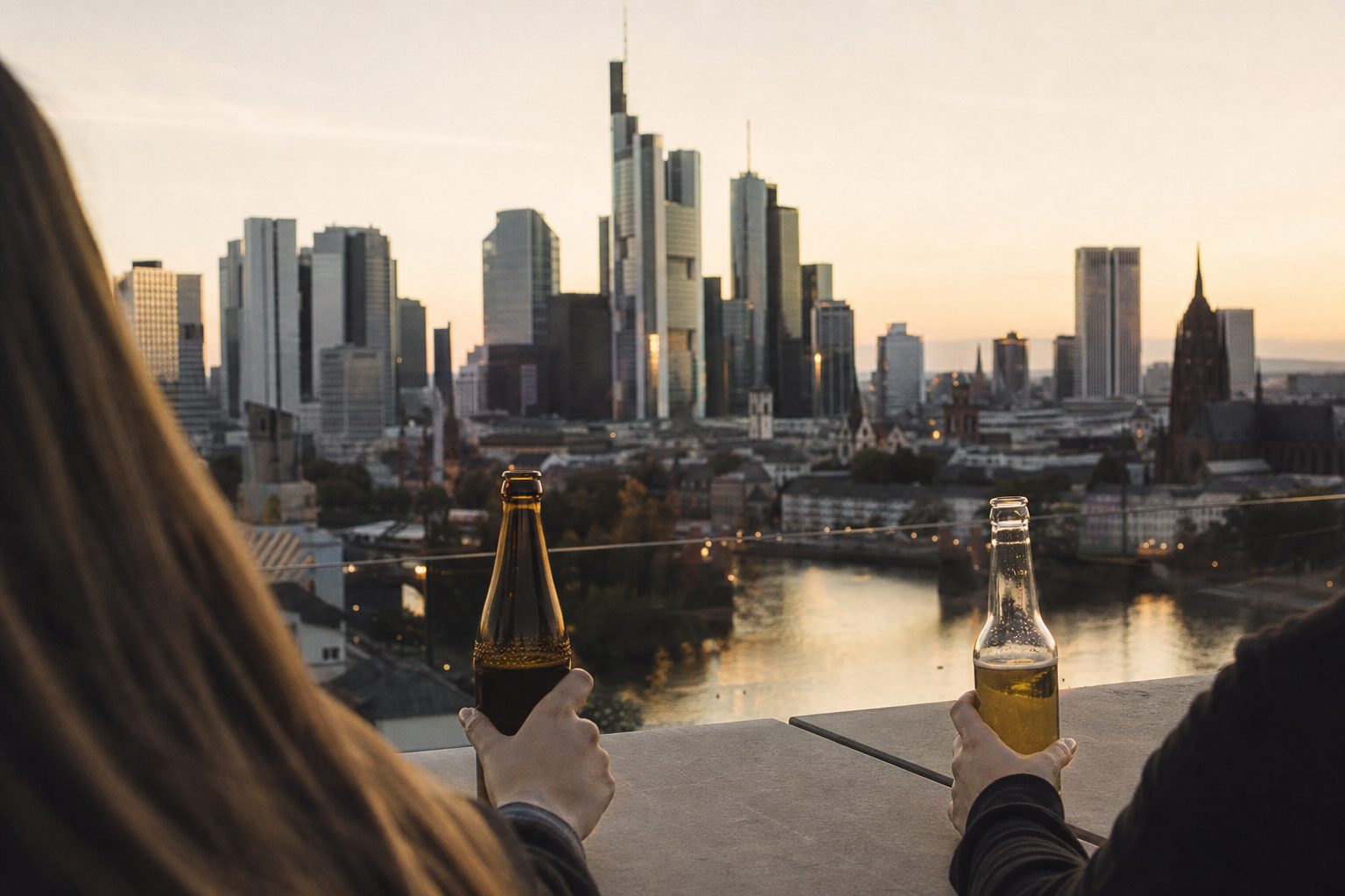 Hände mit Getränkeflaschen auf einer Dachterrasse, im Hintergrund die abendlich beleuchtete Frankfurter Skyline.