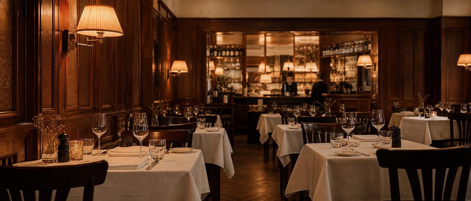 Der holzvertäfelte Gastraum von Erno's Bistro mit weiß eingedeckten Tischen, menschenleer kurz vor Beginn des Service.
