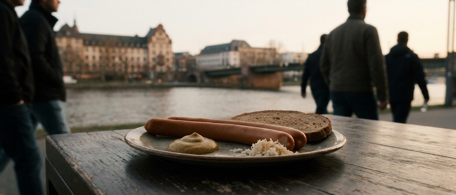 Ein Paar Frankfurter Würstchen mit Senf, Meerrettich und Brot auf einem Steingutteller, dunkler Holztisch im Seitenlicht.