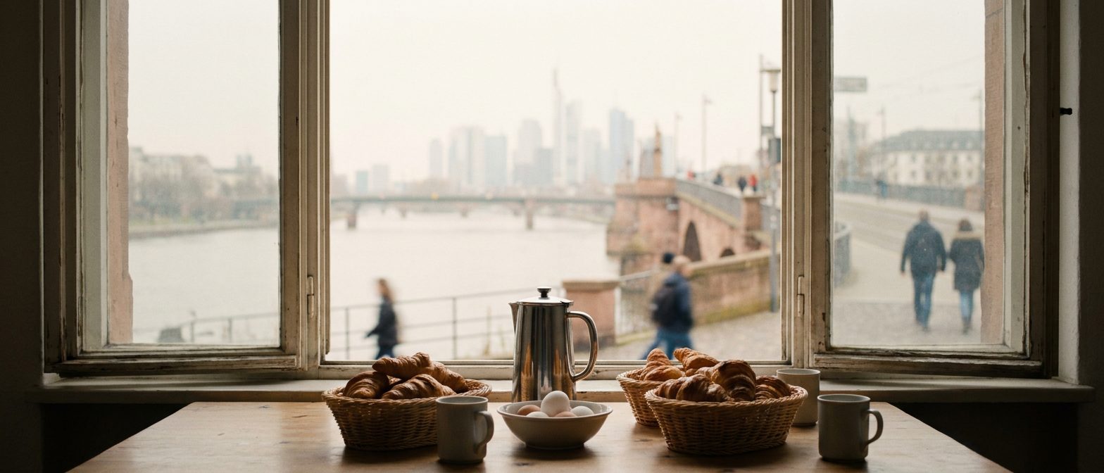 Gedeckter Frühstückstisch am Fenster mit Croissants, gekochten Eiern und einer Kaffeekanne im weichen Streiflicht.