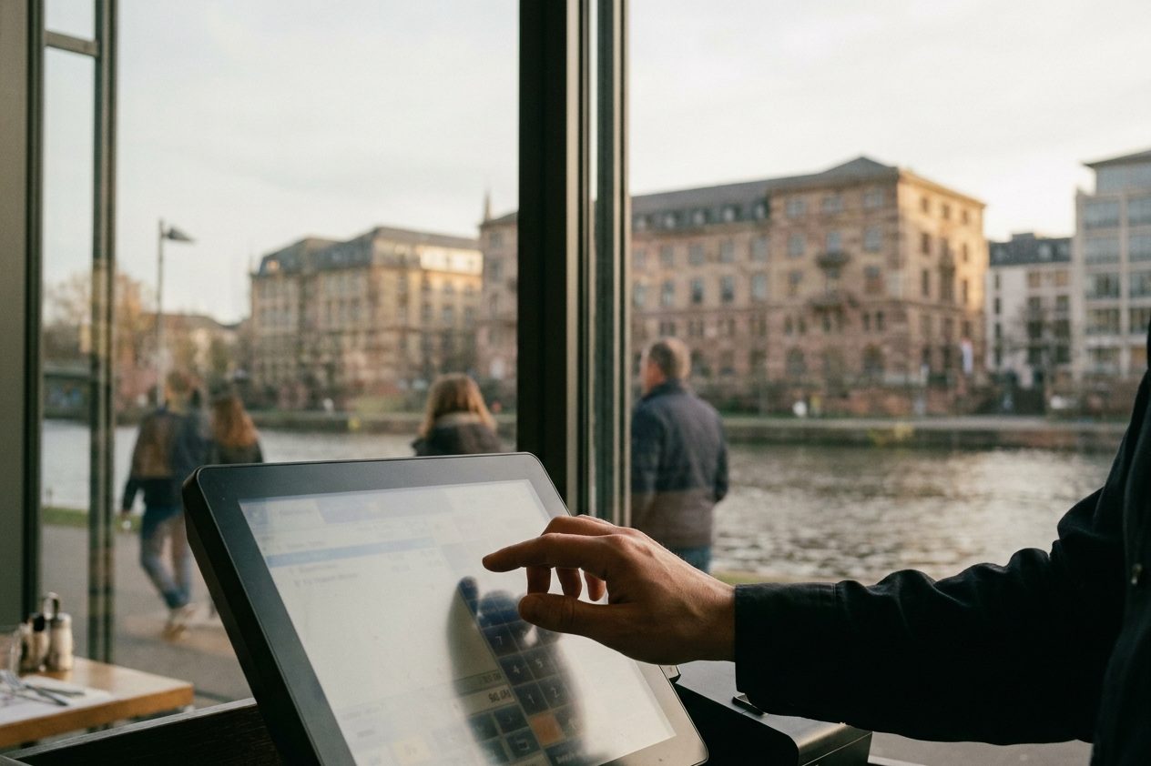 Eine Kellnerhand tippt auf das Display eines Kassensystems, die Zahlen und Schrift sind verschwommen und unleserlich.