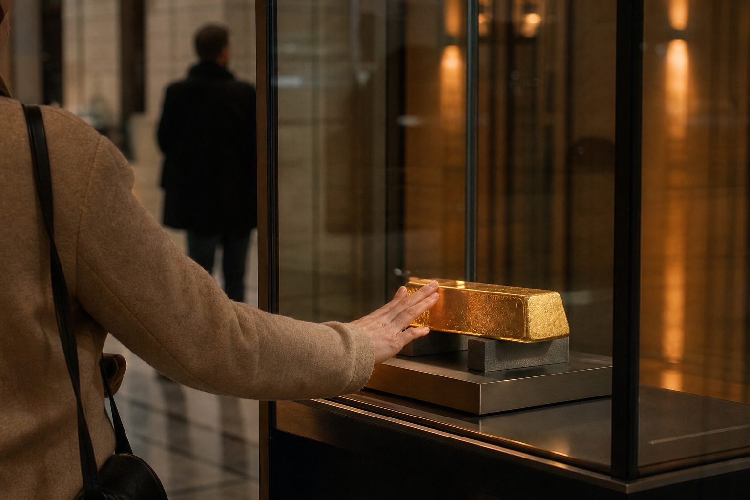 Eine Hand berührt einen echten Goldbarren, der in einer Panzerglasvorrichtung steckt, warmes Spotlicht liegt auf dem Metall.