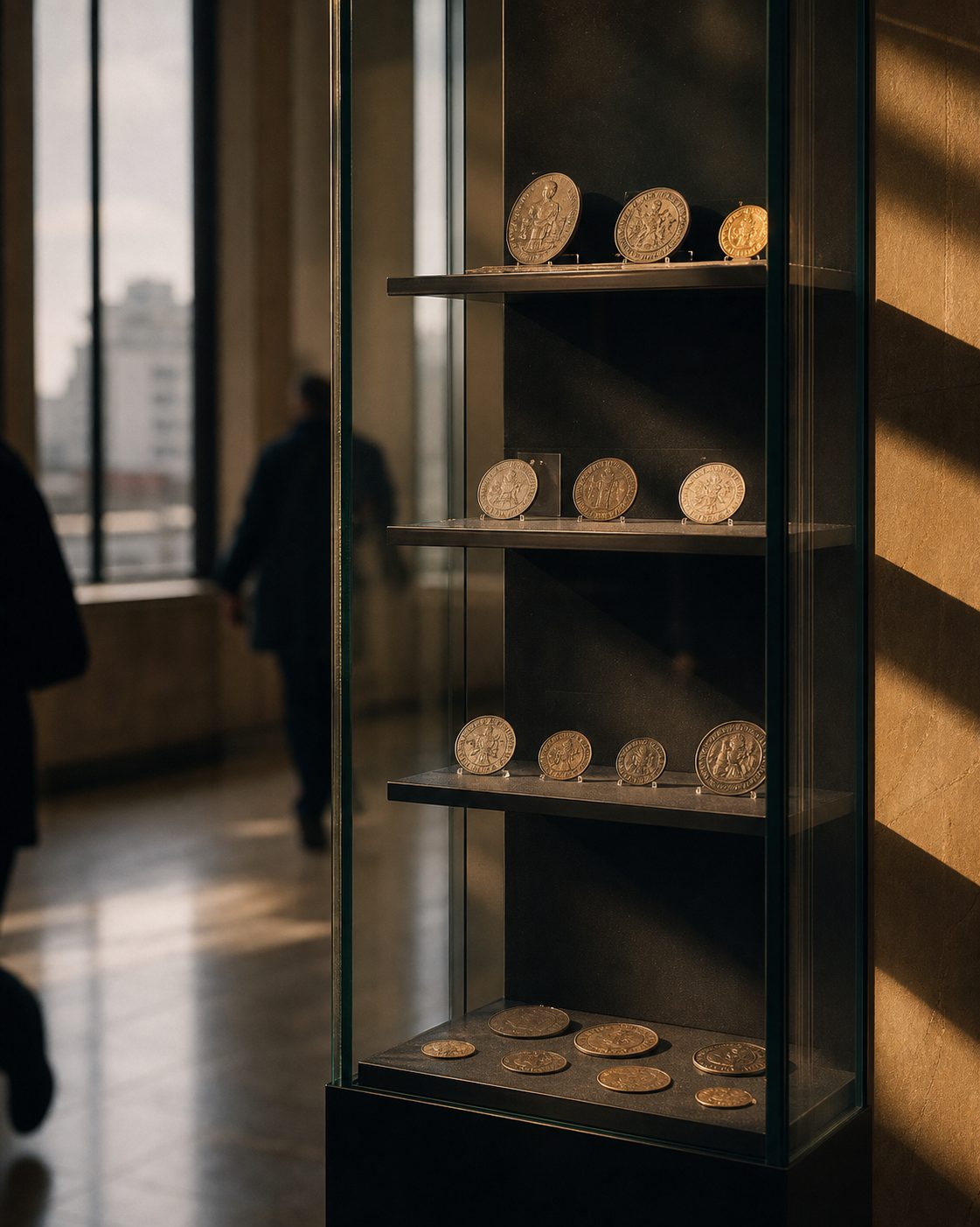 Eine hohe Museumsvitrine mit Reihen historischer Münzen, die im Streiflicht metallisch glänzen, Hochformat.