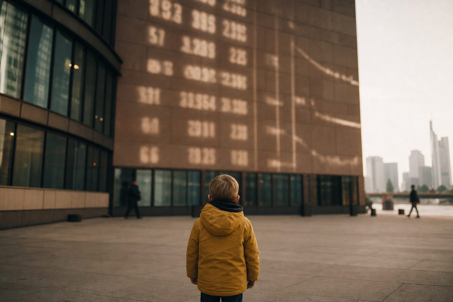 Ein Kind steht mit dem Rücken zur Kamera vor einer großen Medienwand, auf der unscharfe Zahlenkolonnen leuchten.