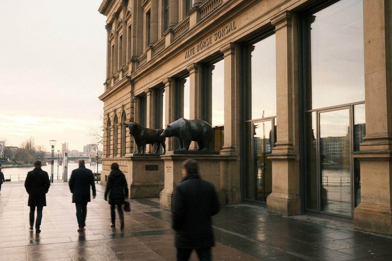 Die klassizistische Fassade der Alten Börse am Börsenplatz mit den Bronzefiguren von Bulle und Bär im Seitenlicht.