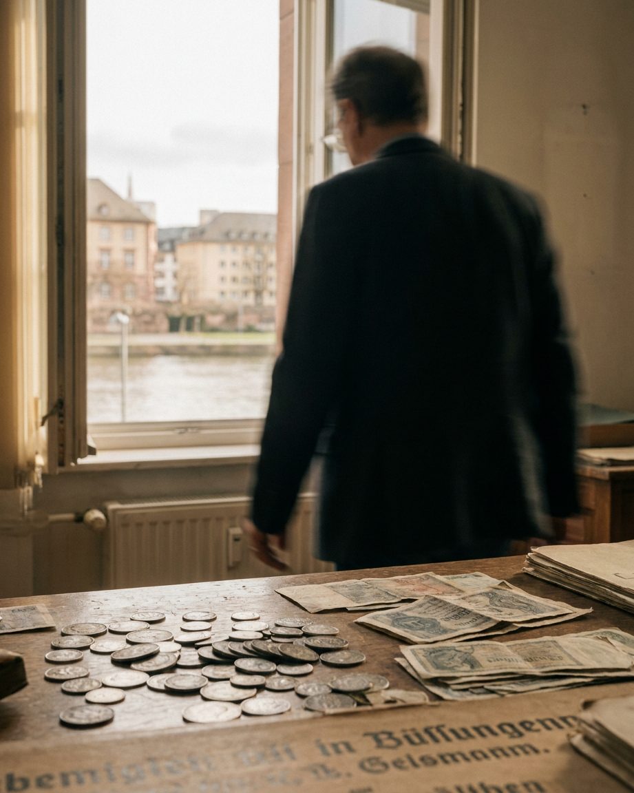 Historische Münzen und alte Geldscheine als Stillleben auf einem Archivtisch im warmen Fensterlicht.