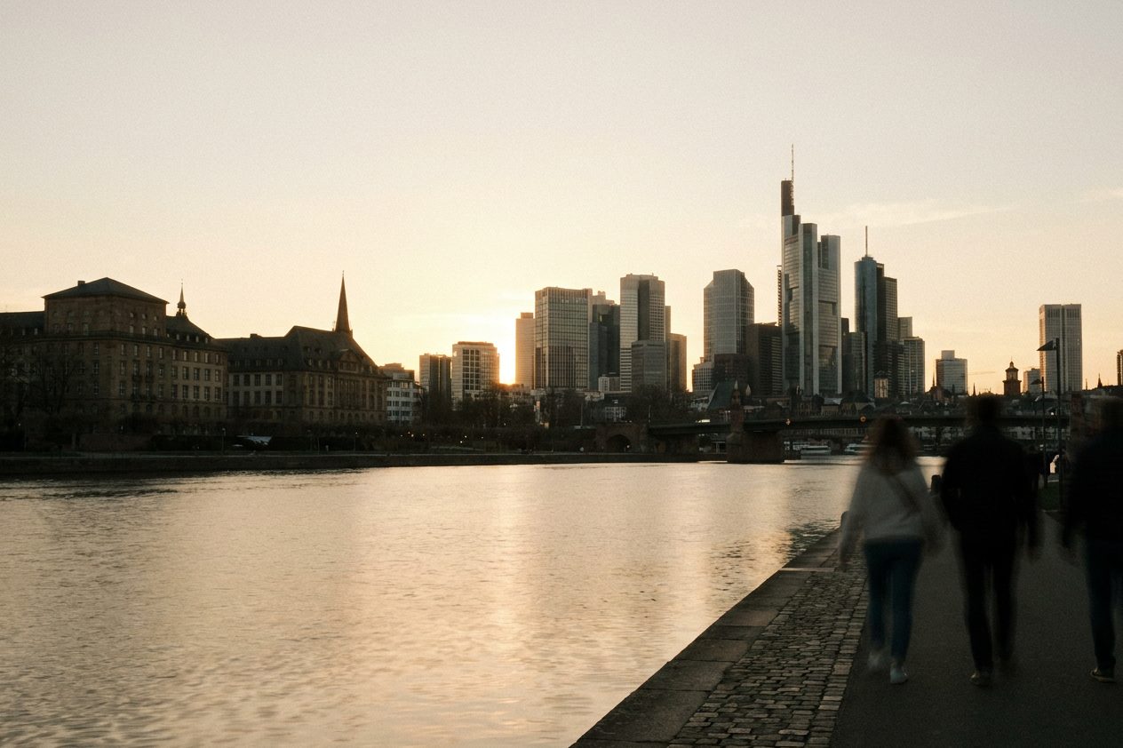 Die Bankenskyline im Gegenlicht der untergehenden Sonne, im Vordergrund das ruhige Wasser des Mains.
