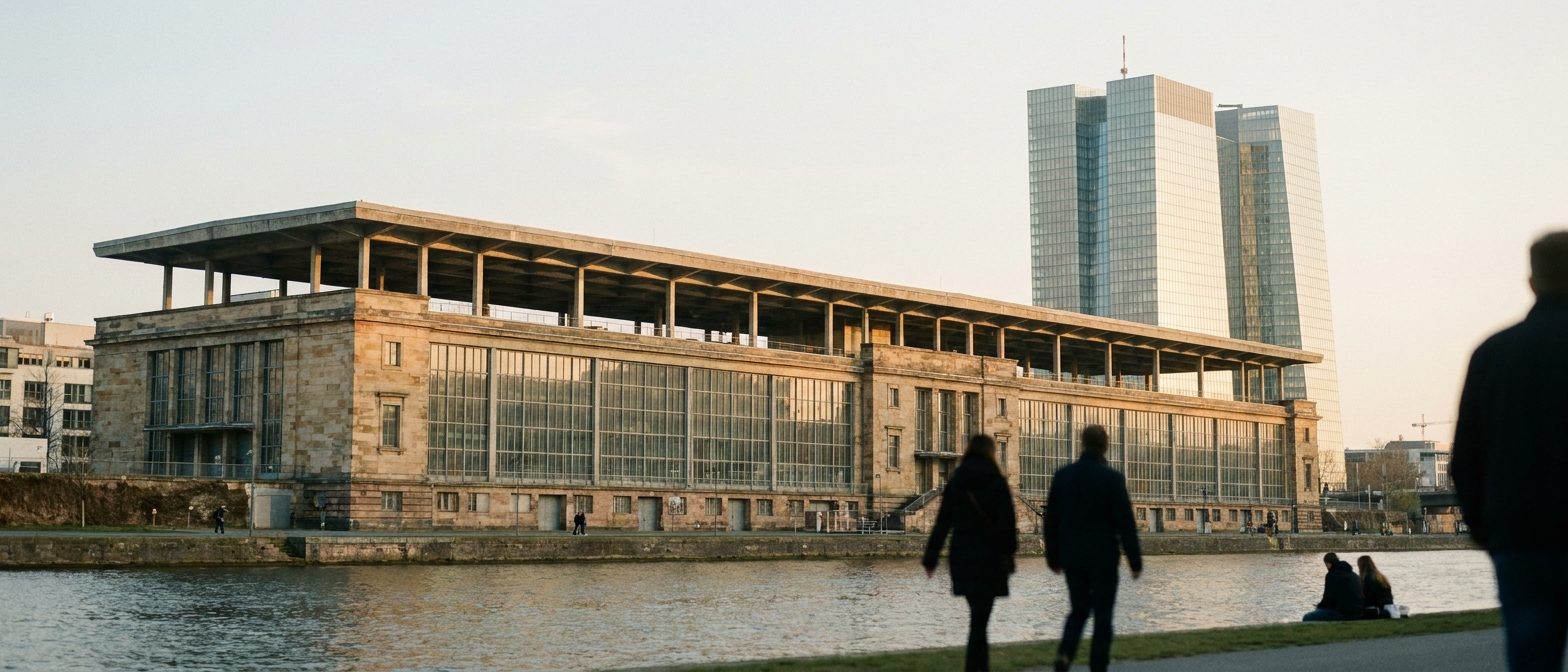 Die langgestreckte Großmarkthalle mit ihrem gerasterten Betondach, dahinter der Doppelturm der Europäischen Zentralbank.