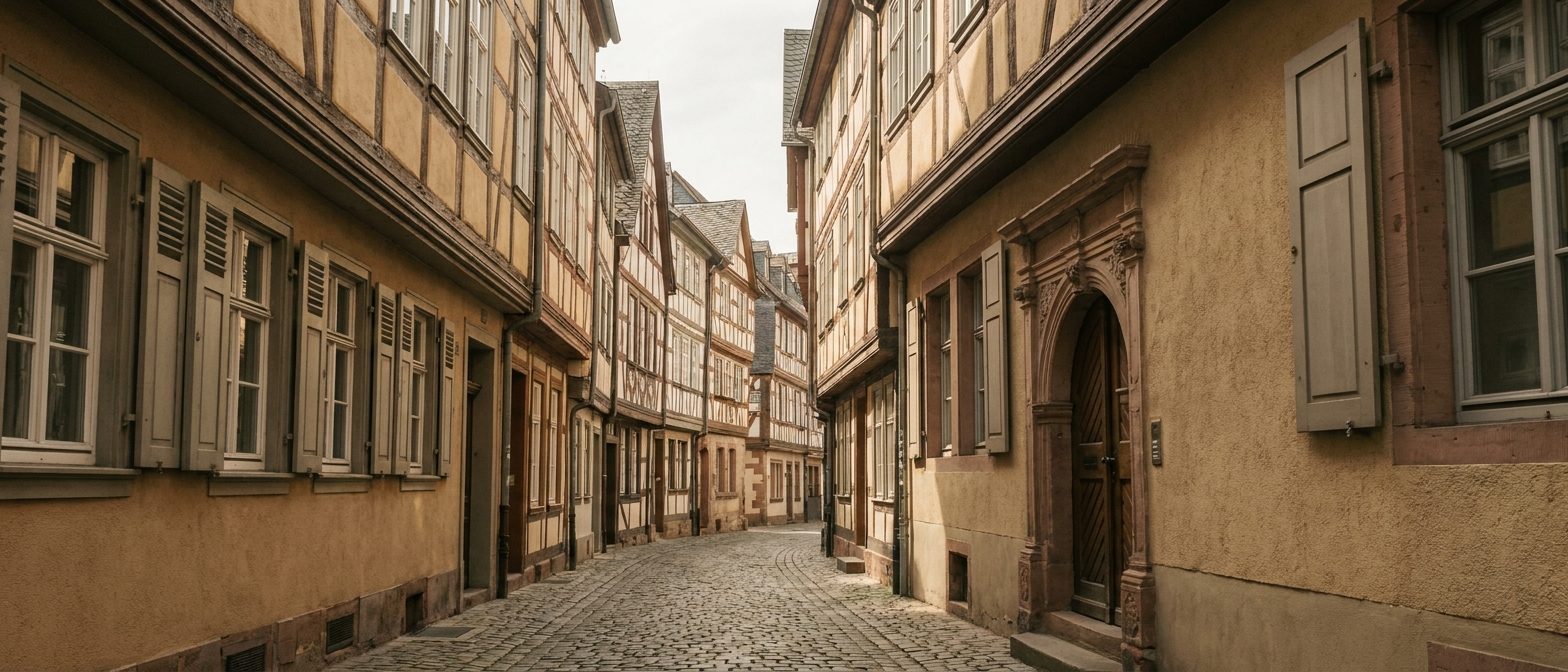 Rekonstruiertes Altstadthaus mit Sandsteinfassade in der Gasse Hinter dem Lämmchen in Frankfurt.