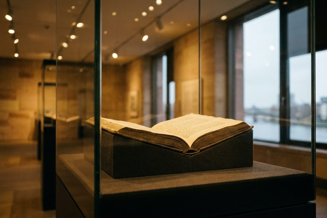 Aufgeschlagenes altes Bilderbuch mit handkolorierten Tafeln in einer Museumsvitrine, gedämpftes Licht.