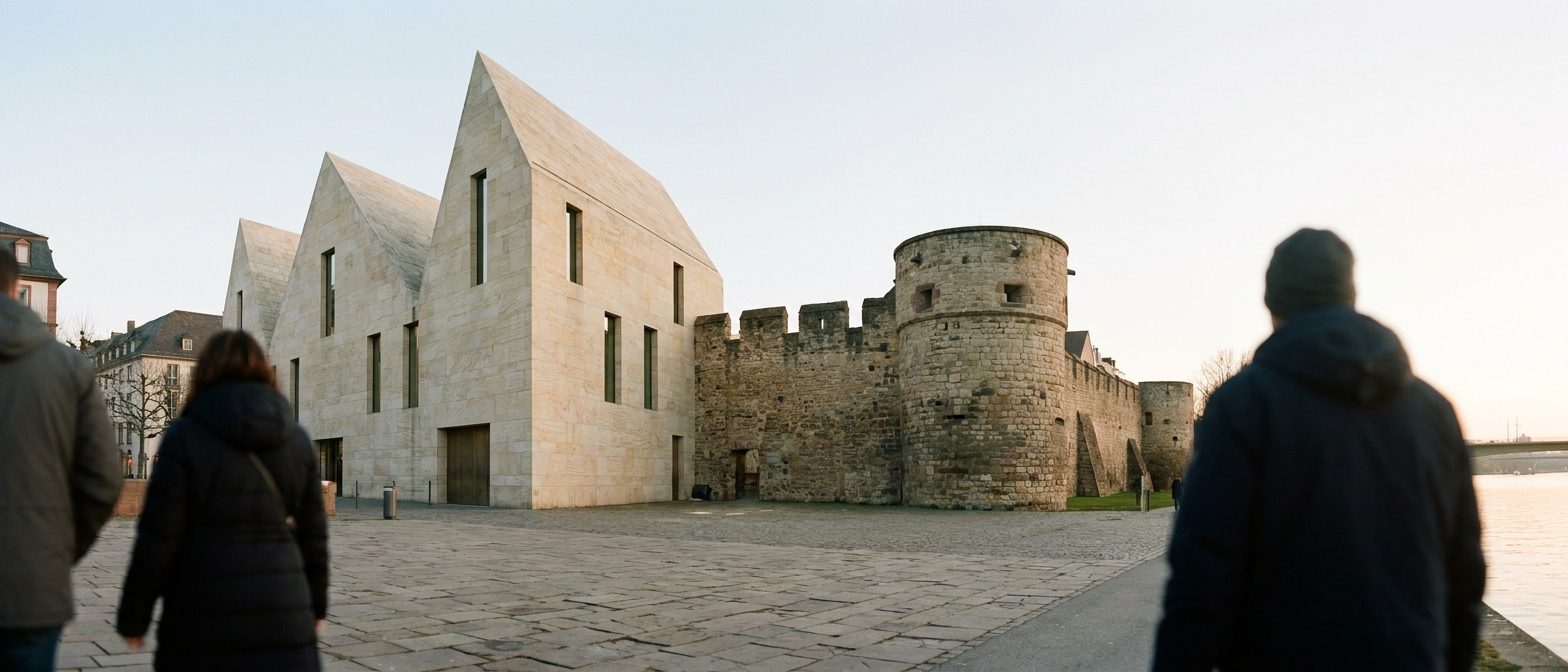 Sandsteinfassade des Museumsneubaus neben dem mittelalterlichen Saalhof am Frankfurter Mainufer.