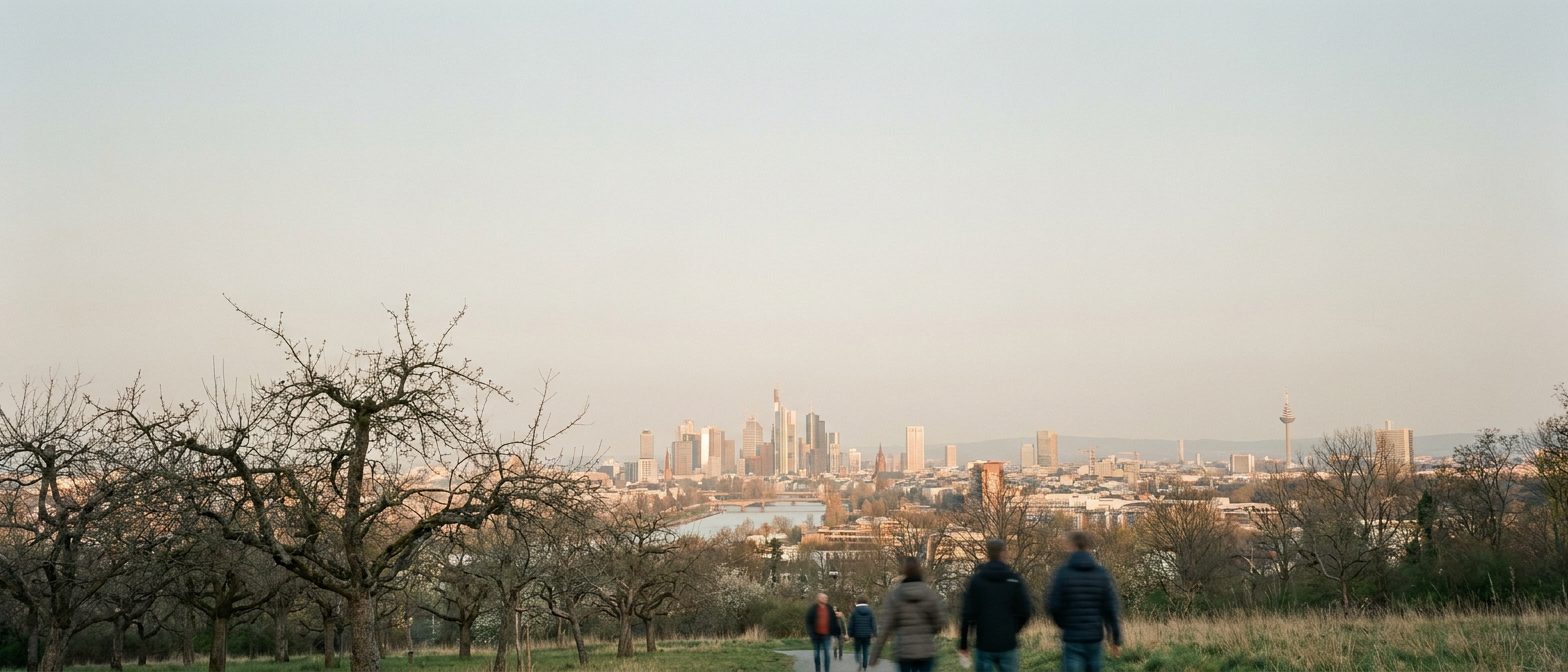 Panorama der Frankfurter Skyline vom Lohrberg aus, im Vordergrund Streuobstwiesen, darüber viel Himmel.