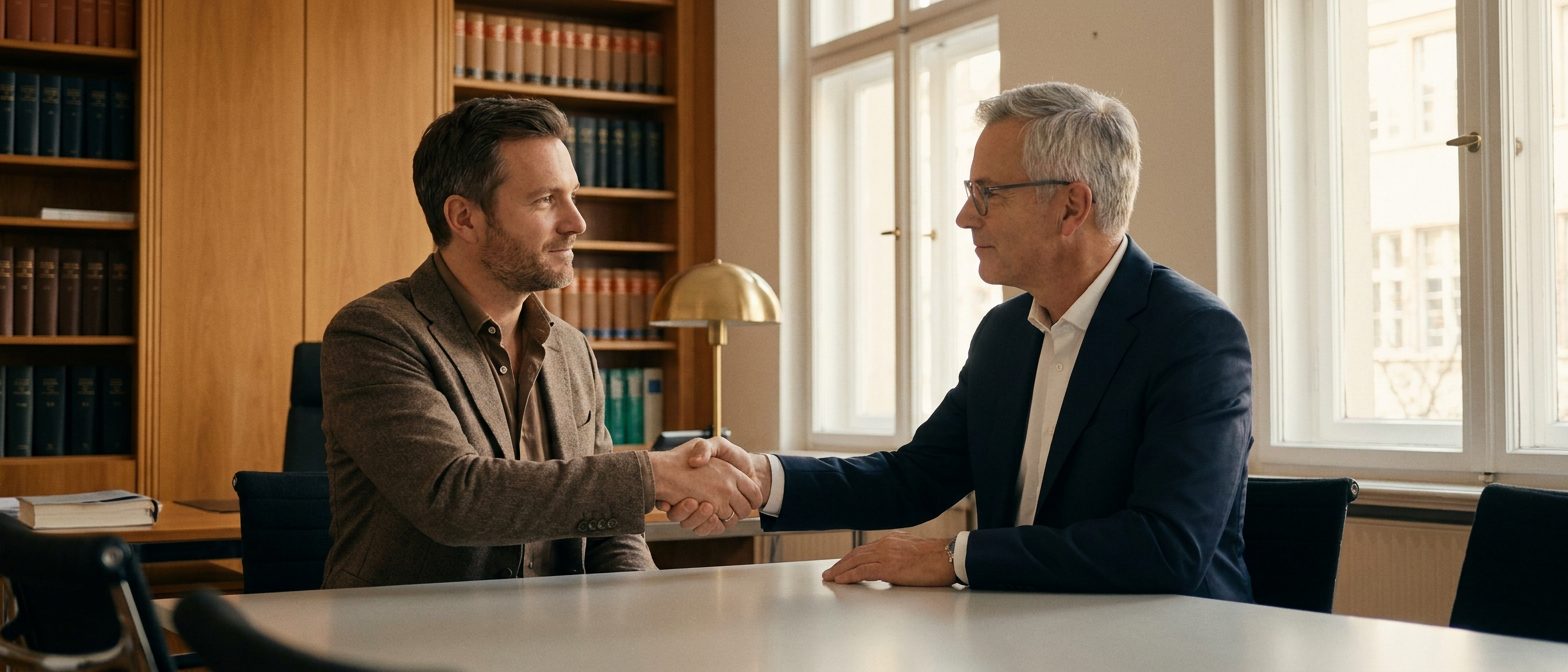 Hermann Klughardt und ein Redakteur der Zeit Frankfurt beim Händedruck im Besprechungsraum der Kölner Kanzlei.