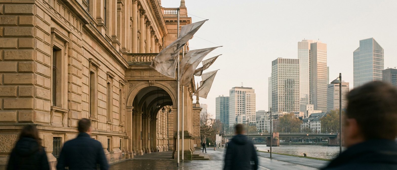 Wehende Fahnen ohne Aufschrift vor dem klassizistischen Portal der Frankfurter Börse im Morgenwind.