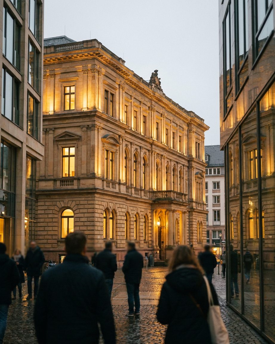 Die festlich beleuchtete klassizistische Fassade der Frankfurter Börse bei Nacht, hochkant vom Börsenplatz aus fotografiert.