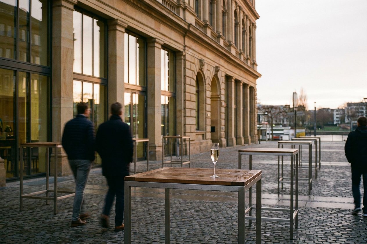 Abgeräumte Stehtische vor der Frankfurter Börse in der Dämmerung, im Vordergrund ein einzelnes vergessenes Sektglas.
