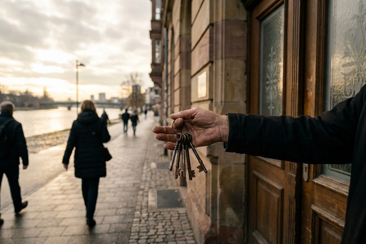Ein Schlüsselbund liegt in einer geöffneten Hand, dahinter unscharf eine Haustür.