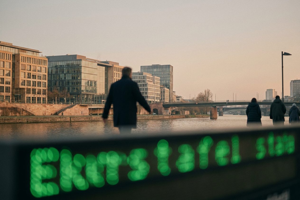 Grün leuchtende Ziffern einer Kurstafel als unscharfes Lichter-Bokeh, davor die verschwommene Silhouette einer vorbeigehenden Person.