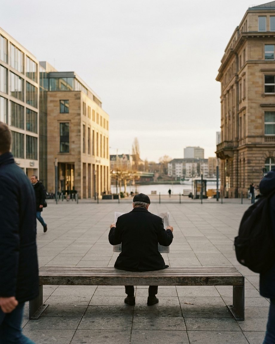 Ein Mann von hinten auf einer Bank am Börsenplatz, in eine aufgeschlagene Zeitung vertieft, warmes Nachmittagslicht auf dem Pflaster.