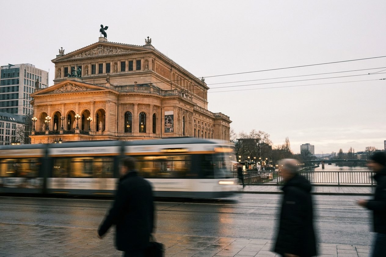Eine vorbeifahrende Bahn zeichnet in der Dämmerung eine rote Lichtspur vor die beleuchtete Fassade der Alten Oper.