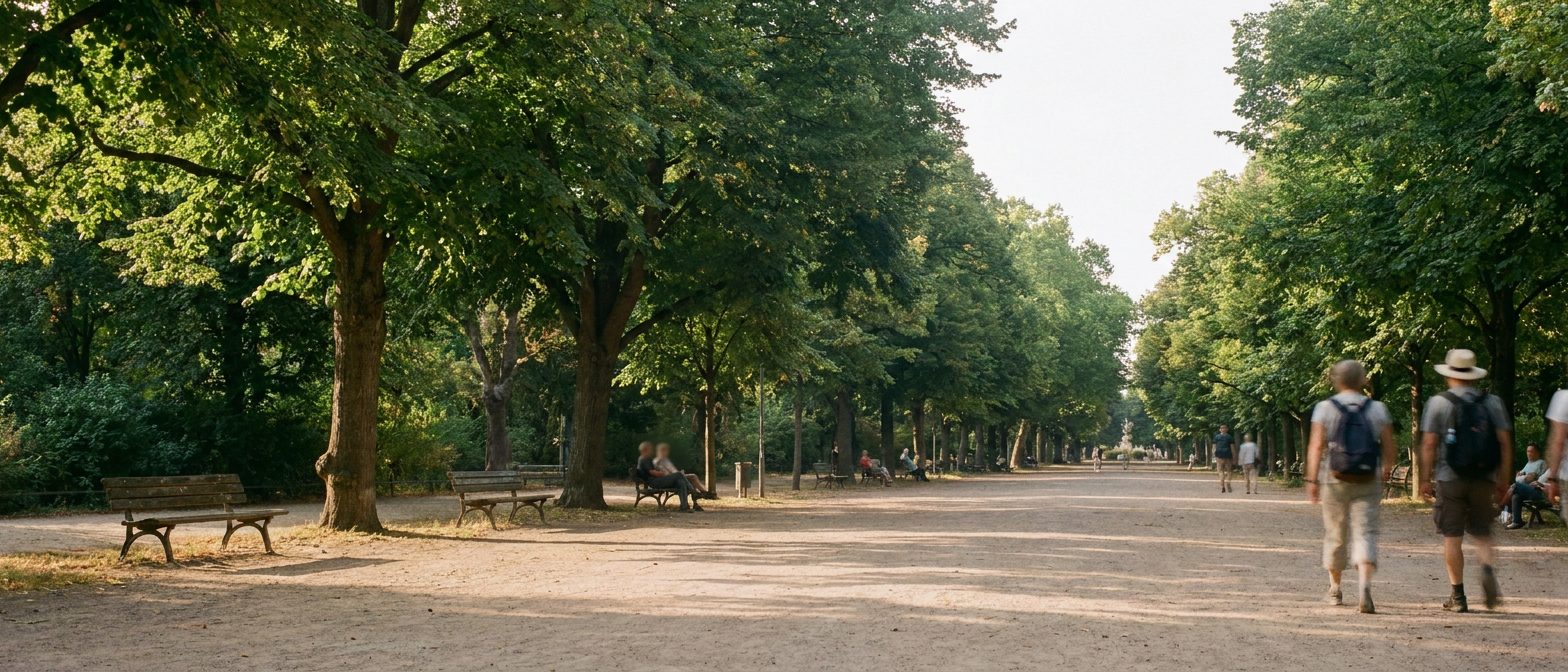 Die grüne Mittelallee der Frankenallee im Sommerlicht, Spaziergänger als ferne Silhouetten auf den Bänken.