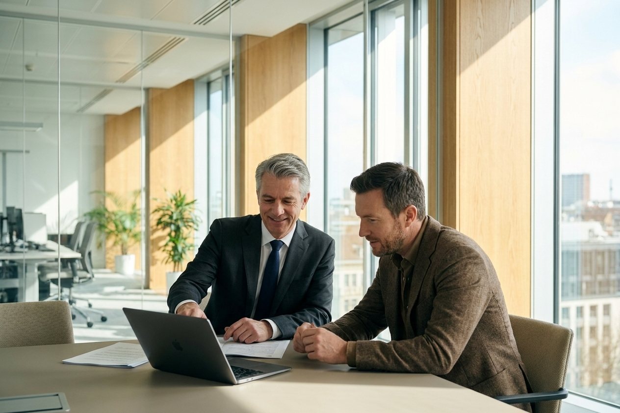 Zwei Männer sitzen an einem Bürotisch und besprechen konzentriert Unterlagen an einem Laptop, ein Arbeitsgespräch.