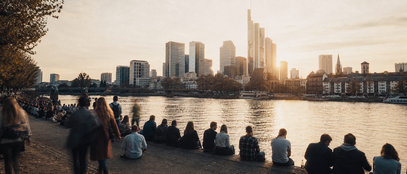 Dicht besetzte Uferkante am Sachsenhäuser Mainufer im Gegenlicht des späten Nachmittags, gegenüber die Frankfurter Skyline.