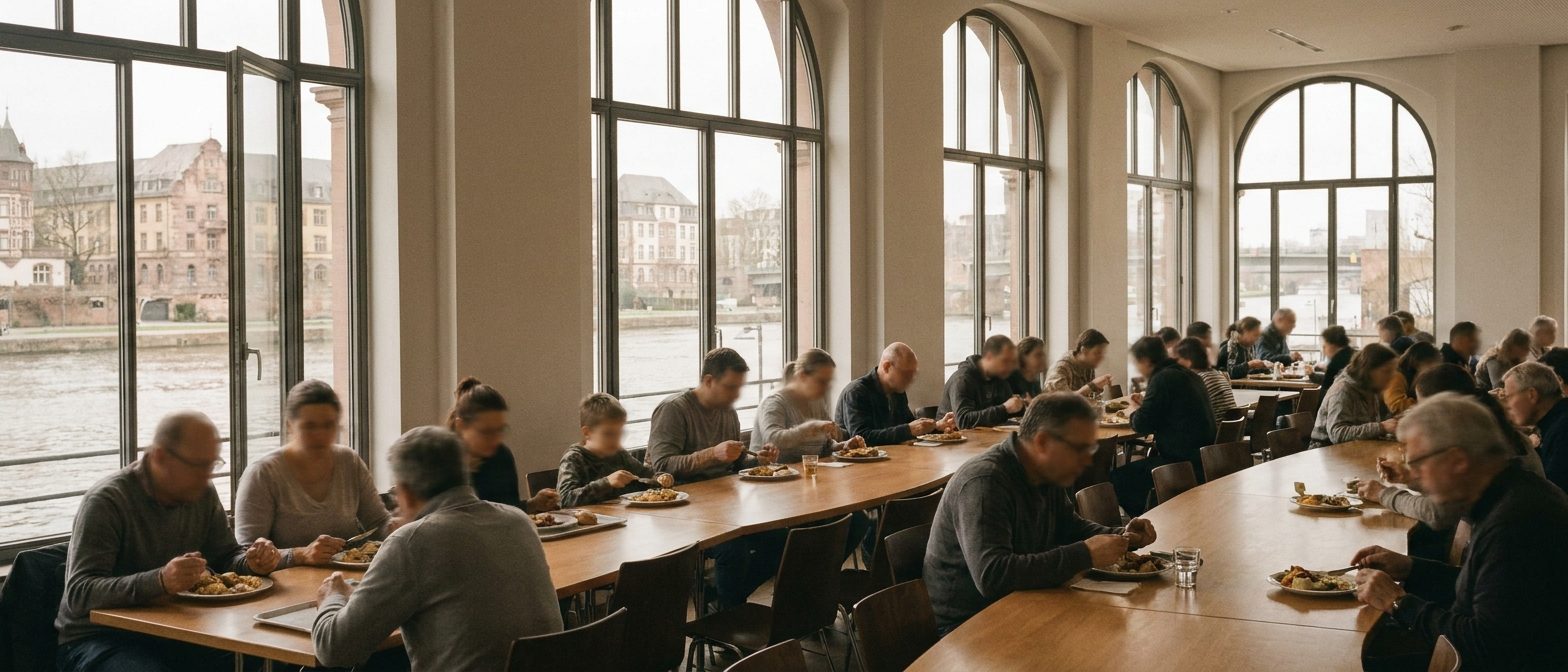 Heller Gemeinschaftssaal mit langen Tischen, an denen Menschen mehrerer Generationen gemeinsam zu Mittag essen.