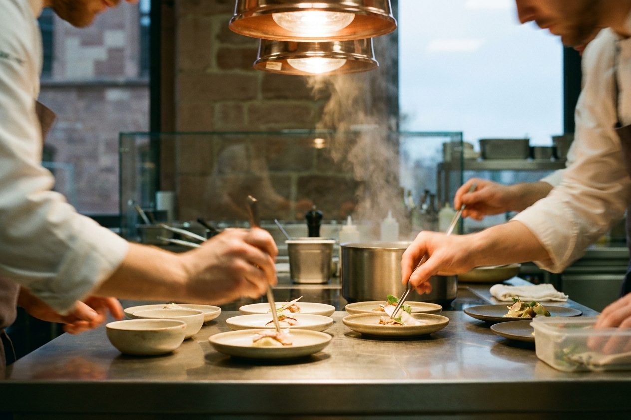 Küchenpass in einer Restaurantküche aus Edelstahl, mehrere Hände richten Teller unter warmem Licht an.