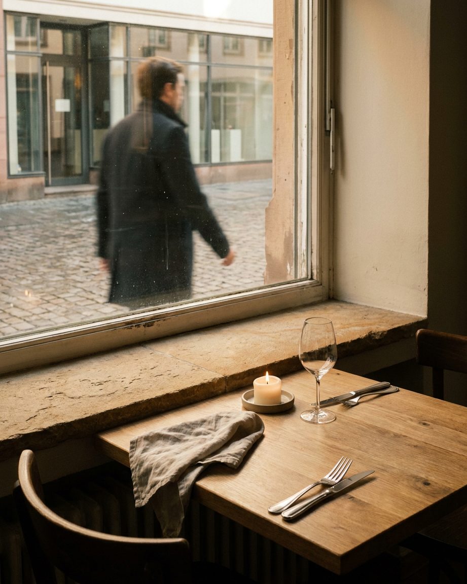 Gedeckter Zweiertisch mit Leinenserviette, poliertem Besteck und einem Weinglas, Hochformat, warmes Abendlicht.