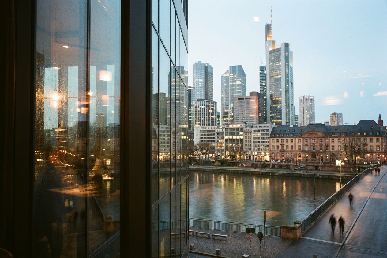 Blick aus einem hohen Restaurantfenster auf die abendliche Frankfurter Skyline mit beleuchteten Hochhäusern.