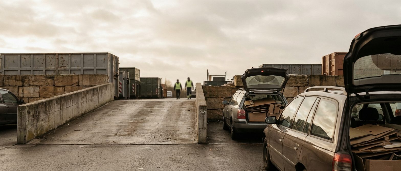 Blick über einen Frankfurter Wertstoffhof mit offenen Containern, Rampe und wartenden Autos am Morgen.
