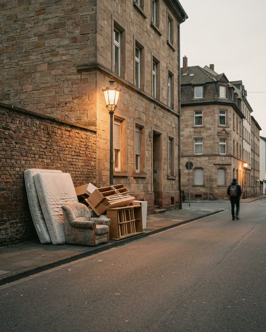 Alte Matratzen, ein Sessel und ein Regal stehen ordentlich getrennt am Straßenrand vor einer Hauswand, Hochformat.
