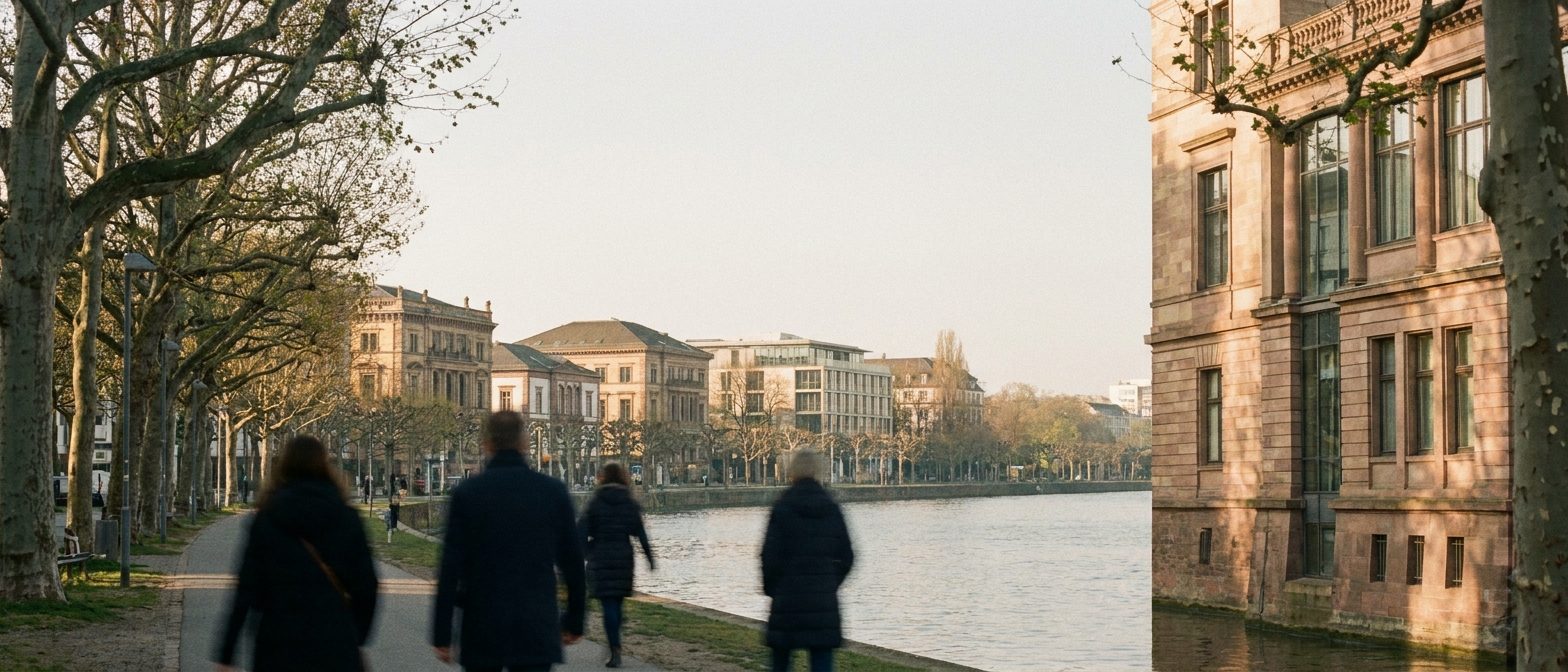 Die Platanenallee am Schaumainkai mit den Museumsvillen des Frankfurter Museumsufers im weichen Morgenlicht.