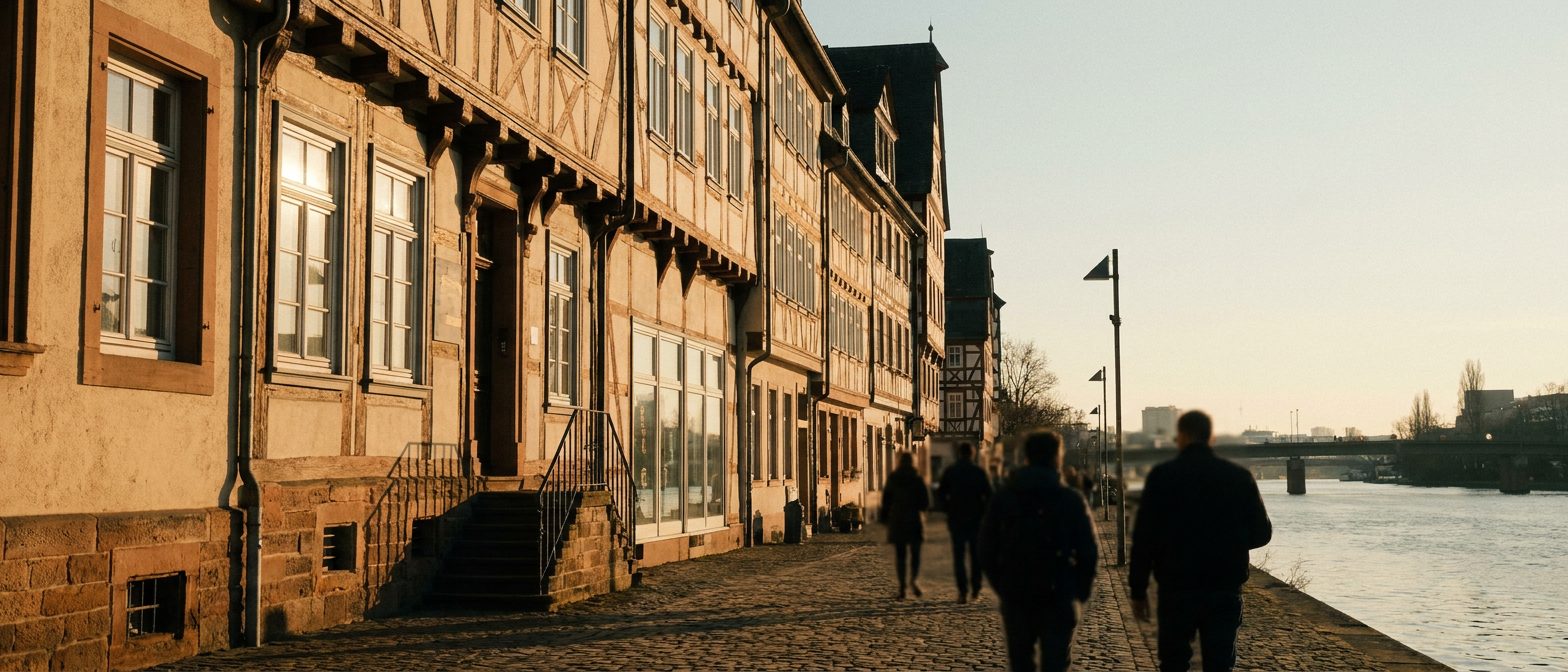 Die Fachwerkzeile am Samstagsberg in tiefer Nachmittagssonne als breites Panorama, Passanten nur als Silhouetten.