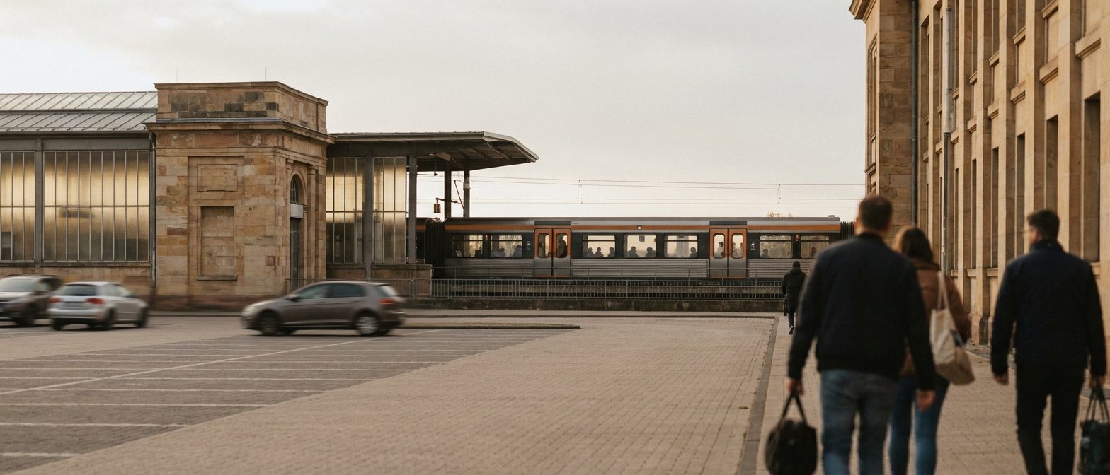 Weitläufiger Park-and-Ride-Platz am Stadtrand im Morgenlicht, eine U-Bahn fährt in die oberirdische Station ein.