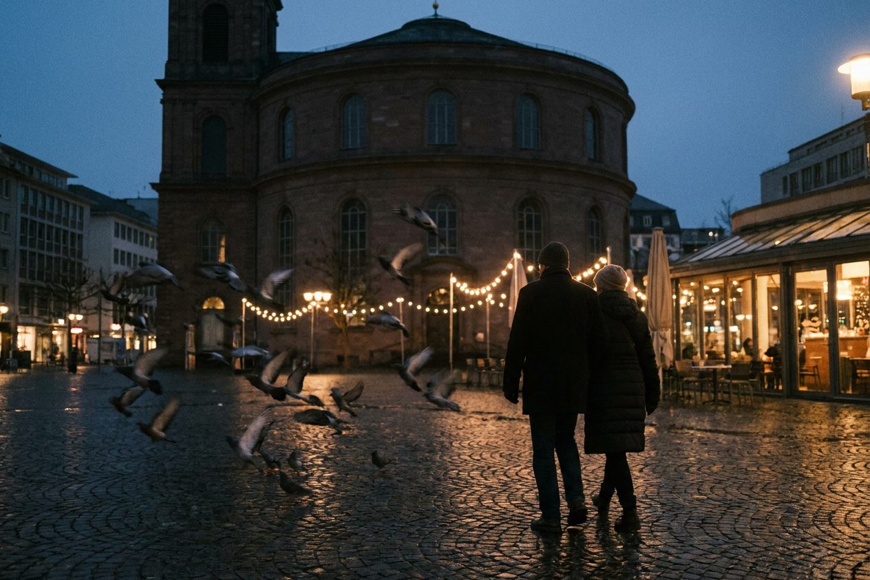 Der Paulsplatz am Abend: warme Cafébeleuchtung, die dunkle Silhouette der Paulskirchen-Rotunde vor tiefblauem Himmel.