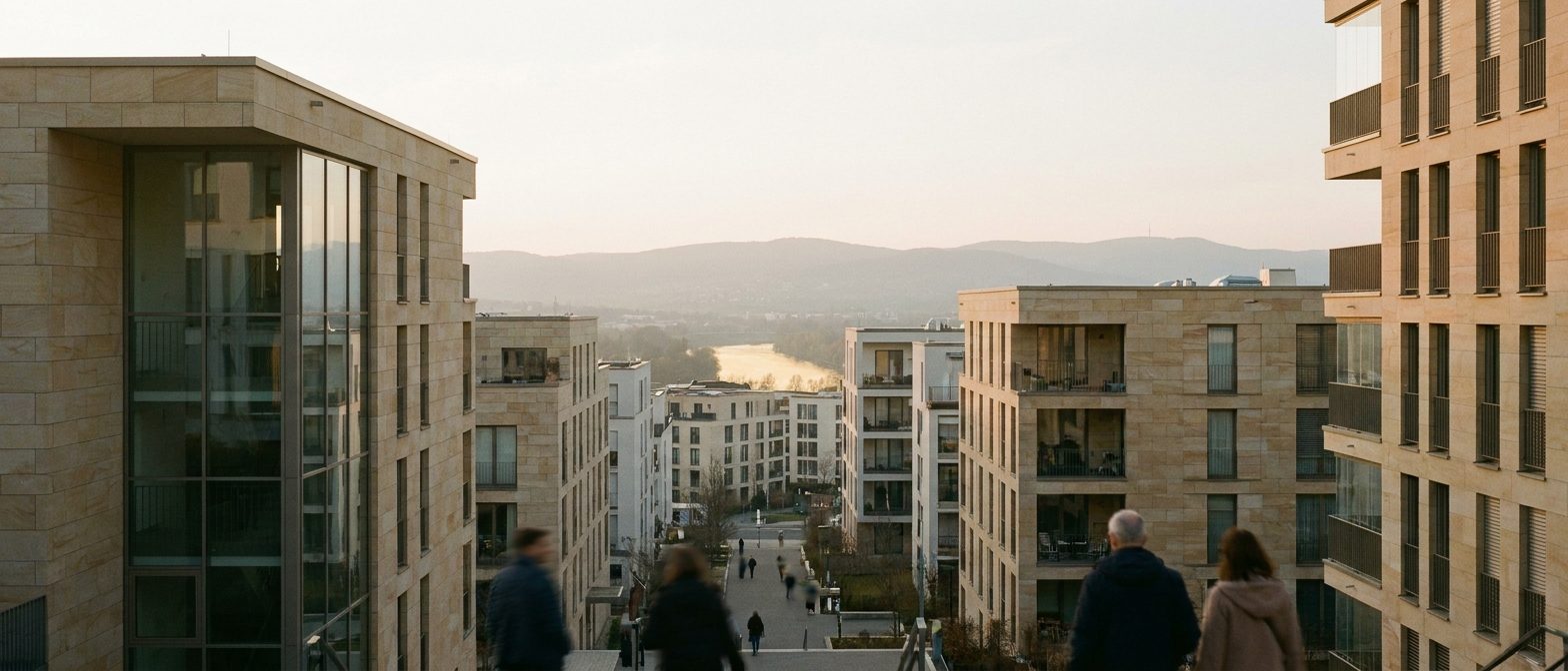 Weiter Blick über die neuen Wohnzeilen des Riedbergs, am Horizont die sanfte Linie des Taunus.