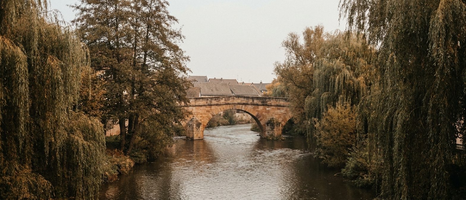 Die Nidda fließt unter einer alten Steinbrücke am Ortsrand von Frankfurt-Rödelheim, dahinter alte Bäume.