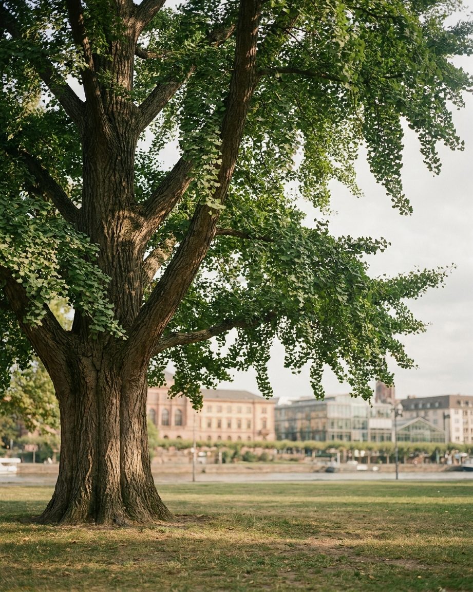 Mächtiger alter Ginkgobaum mit ausladender Krone und tief angesetzten Ästen auf einer Wiese, Hochformat.
