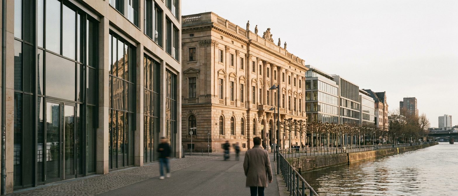 Die klassizistische Fassade des Rothschild-Palais am Untermainkai im warmen Nachmittagslicht als breites Panorama.