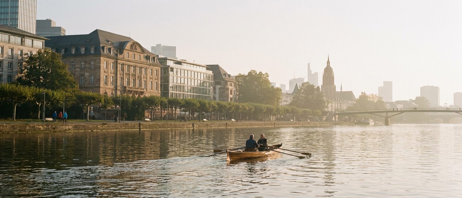 Ruderboot auf einem ruhigen Fluss im Morgennebel, Ufer mit Bäumen und Skyline in der Ferne.